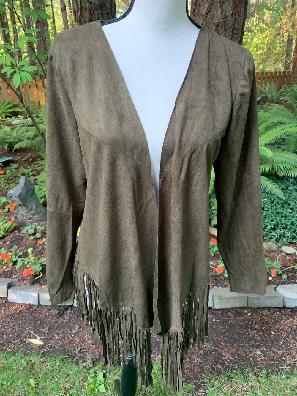 Neslay Design Olive Faux Suede Fringe Open-Front Jacket NWzt